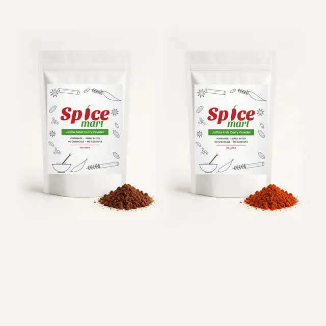 Spice Mart Meat Curry Powder and Fish Curry Powder pouches (generated pack renders)