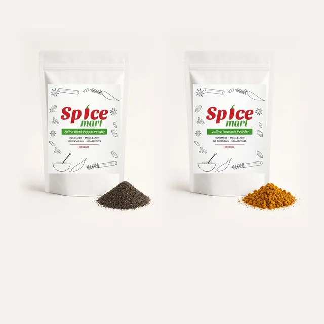 Spice Mart Black Pepper Powder and Turmeric Powder pouches (generated pack renders)