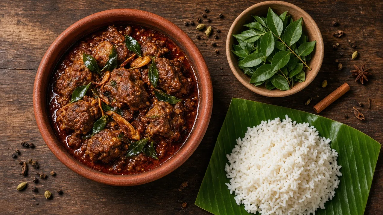Jaffna meat curry in a clay pot with fresh curry leaves, rice on a banana leaf and whole spices