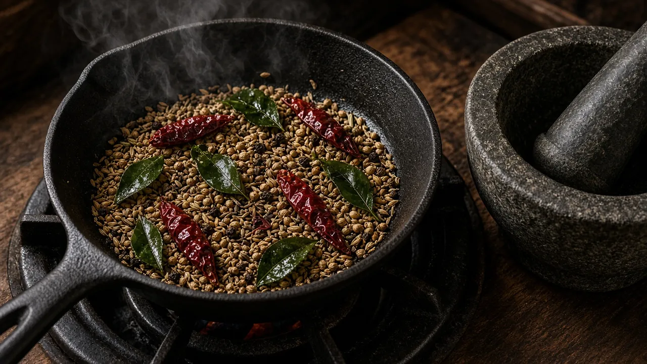 Whole spices dry-roasting in a pan