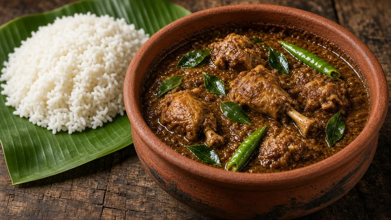 Jaffna chicken curry in a clay pot with curry leaves and rice