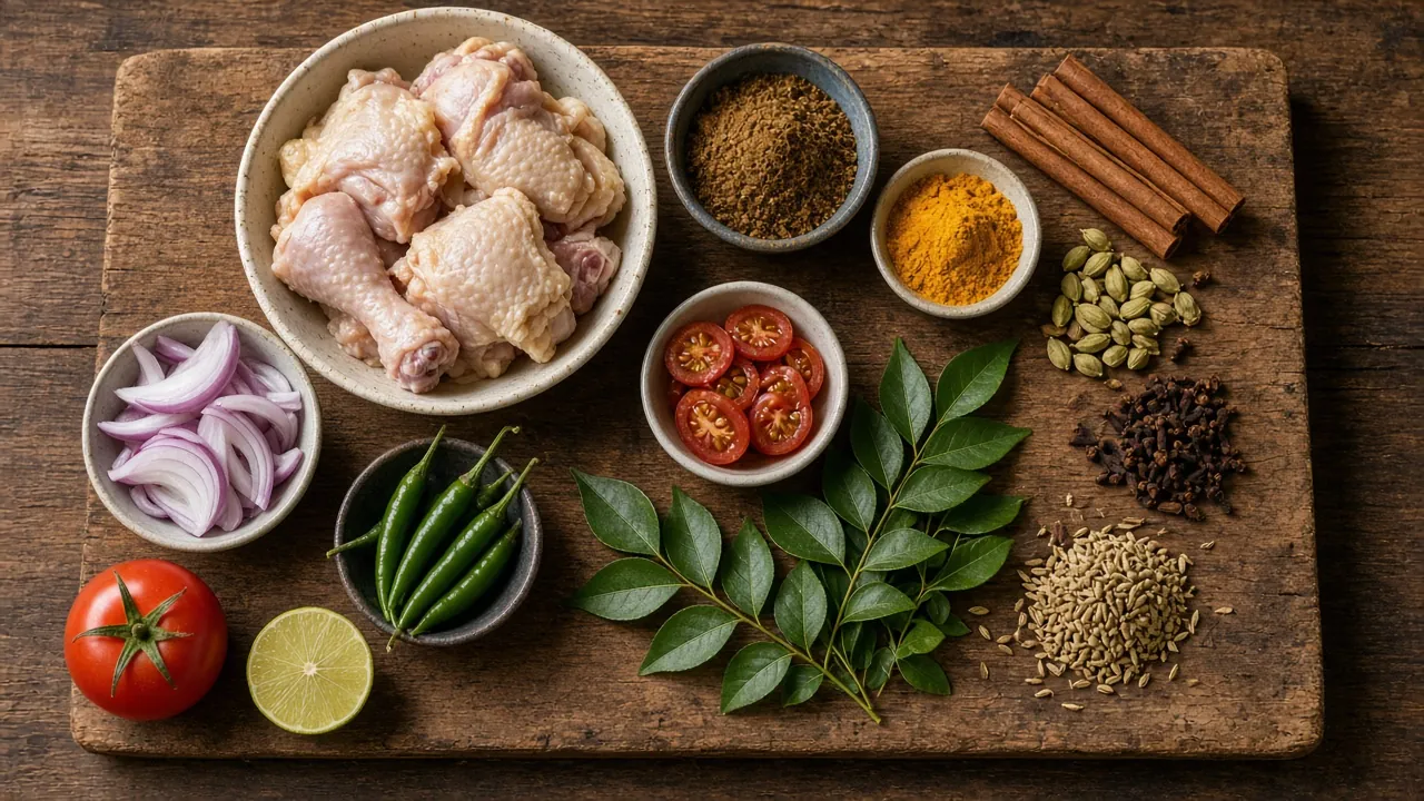 Ingredients for Jaffna chicken curry on a wooden board