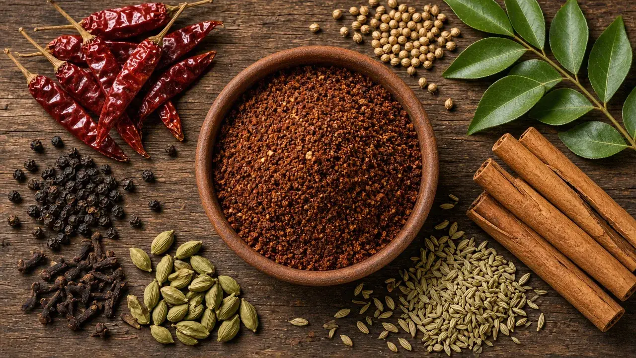 Jaffna curry powder in a clay bowl surrounded by dried chillies, coriander seeds, curry leaves and cinnamon