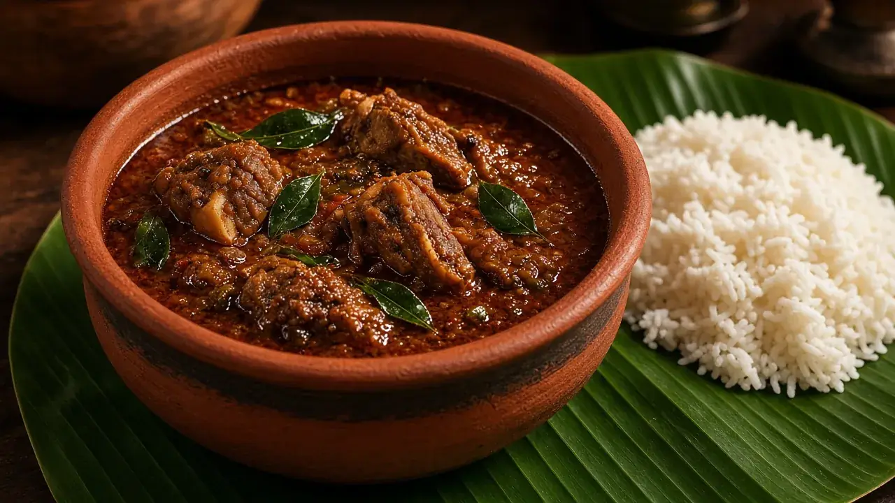 Rich Jaffna-style meat curry in a traditional clay pot with rice on a banana leaf
