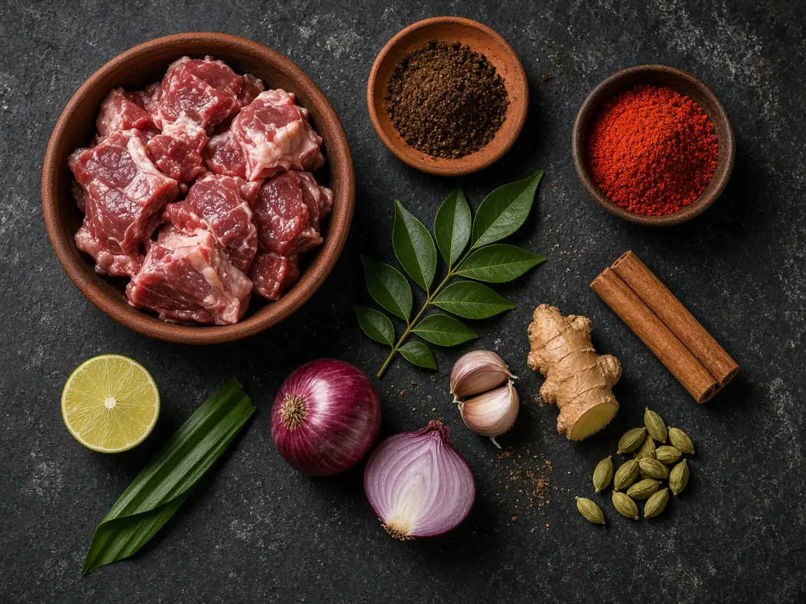 Ingredients for Jaffna mutton curry laid out on a dark stone surface