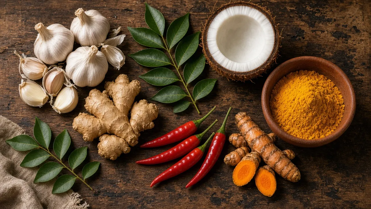 Garlic, ginger, coconut, curry leaves, chillies and turmeric on a rustic wooden table