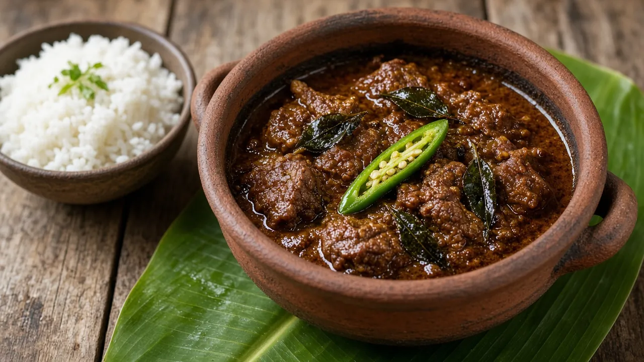 Jaffna-style beef curry in a clay pot with curry leaves