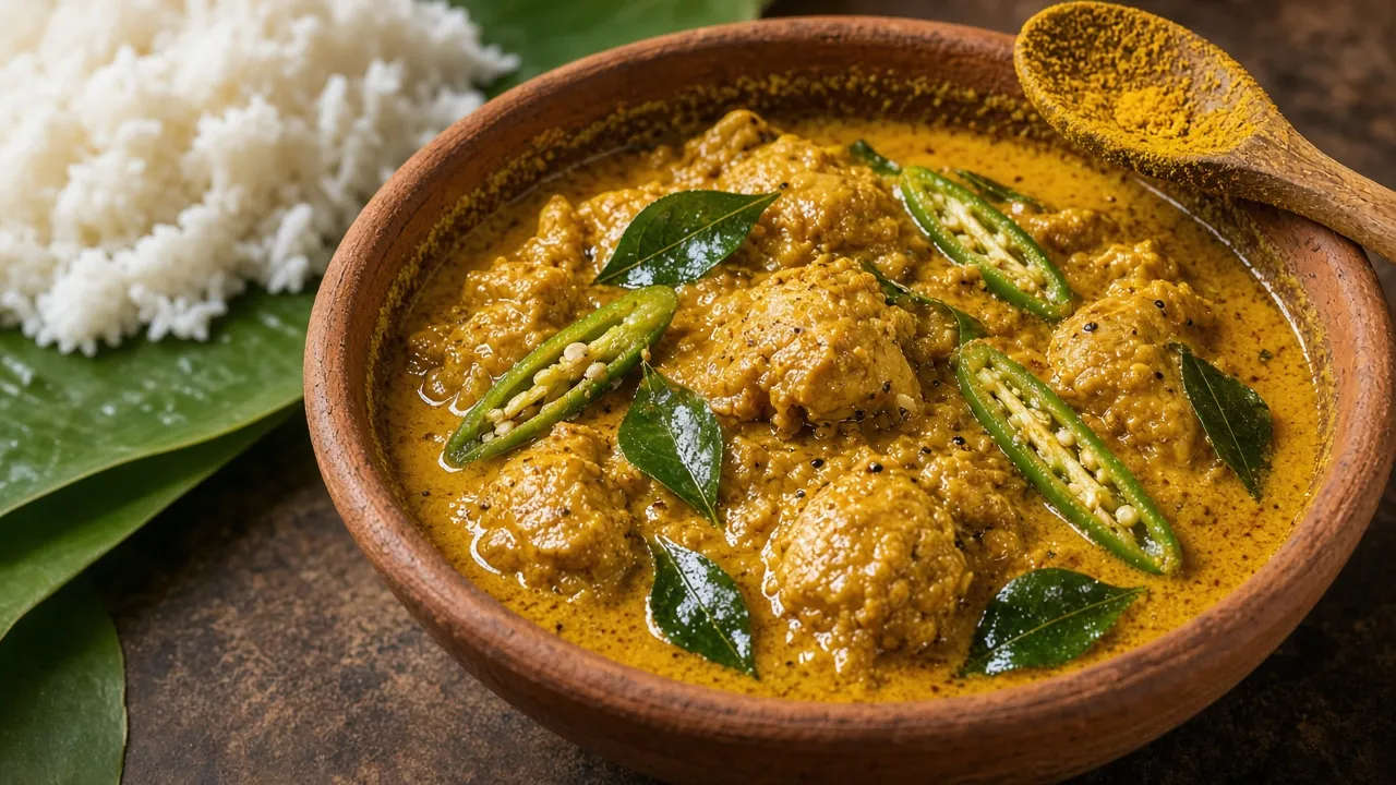 Golden Sri Lankan chicken curry with curry leaves and green chillies in a clay pot