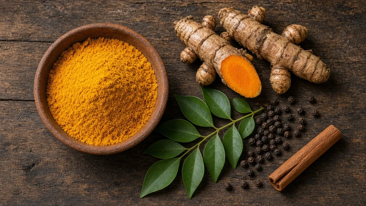 Golden turmeric powder in a clay bowl beside fresh turmeric roots, curry leaves, peppercorns and cinnamon